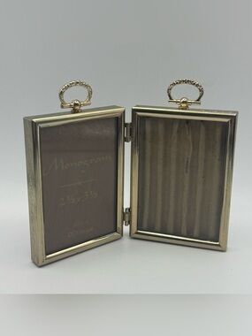 Vintage Monogram Brass Tone Double Hinged Picture Frame 2.5x3.5 Folding Photo